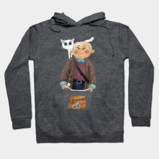 Old chinese man with cat on a bike. Hoodie